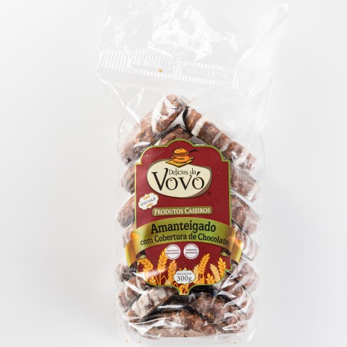 Biscoito tipo amanteigado com cobertura de chocolate preto